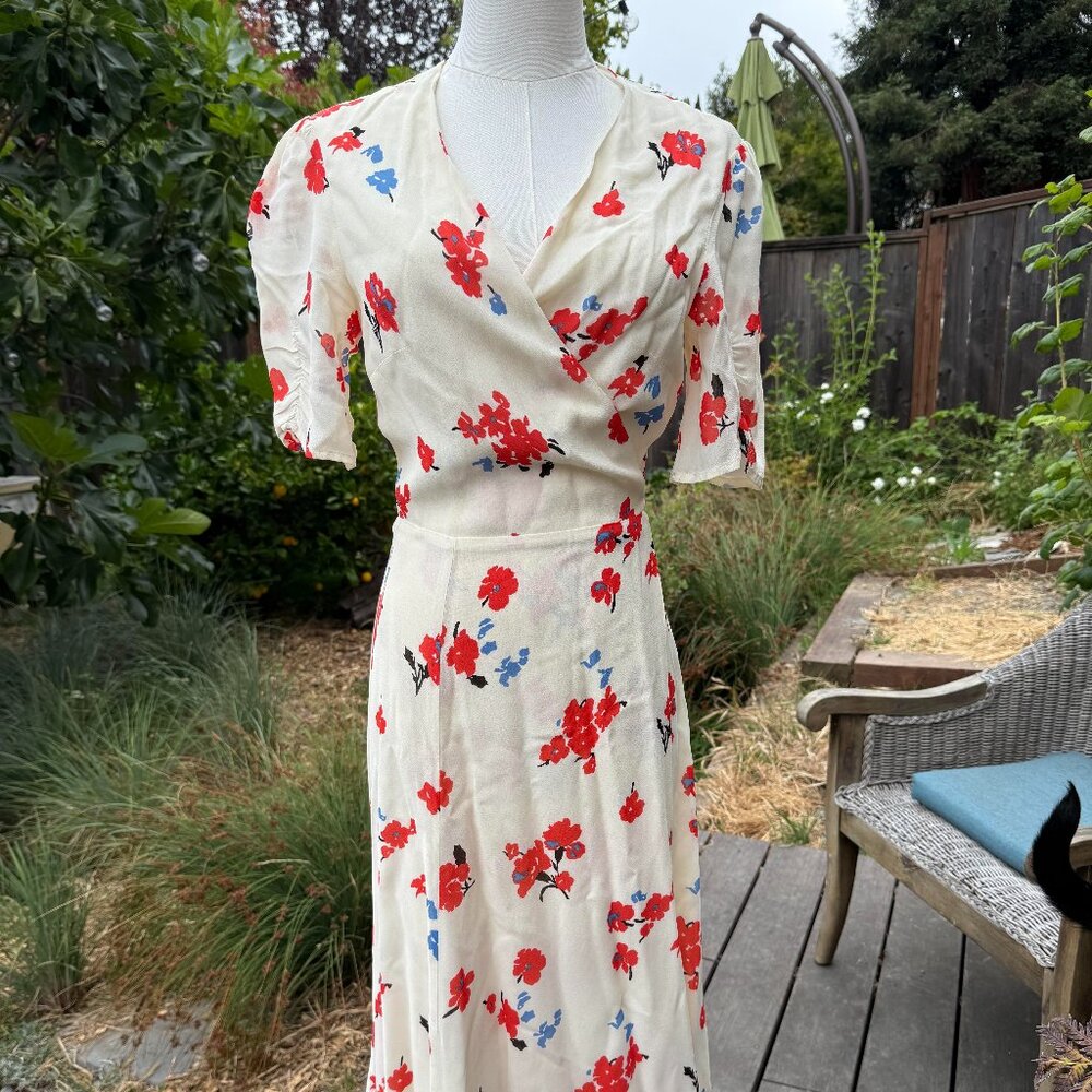 Reformation  Chagall Cream Red Floral Print Napa Wrap Midi Crepe Dress Sz S